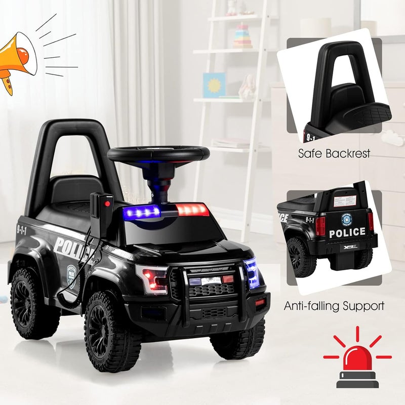 Olakids Ride On Push Police Car, Toddler Foot-to-Floor Sliding Toy with Siren, Steering Wheel, Megaphone, Horn, Headlights, Under Seat Storage, Kids Racer Walking Gift for Boys Girls 1-3 (Black) - Image 5